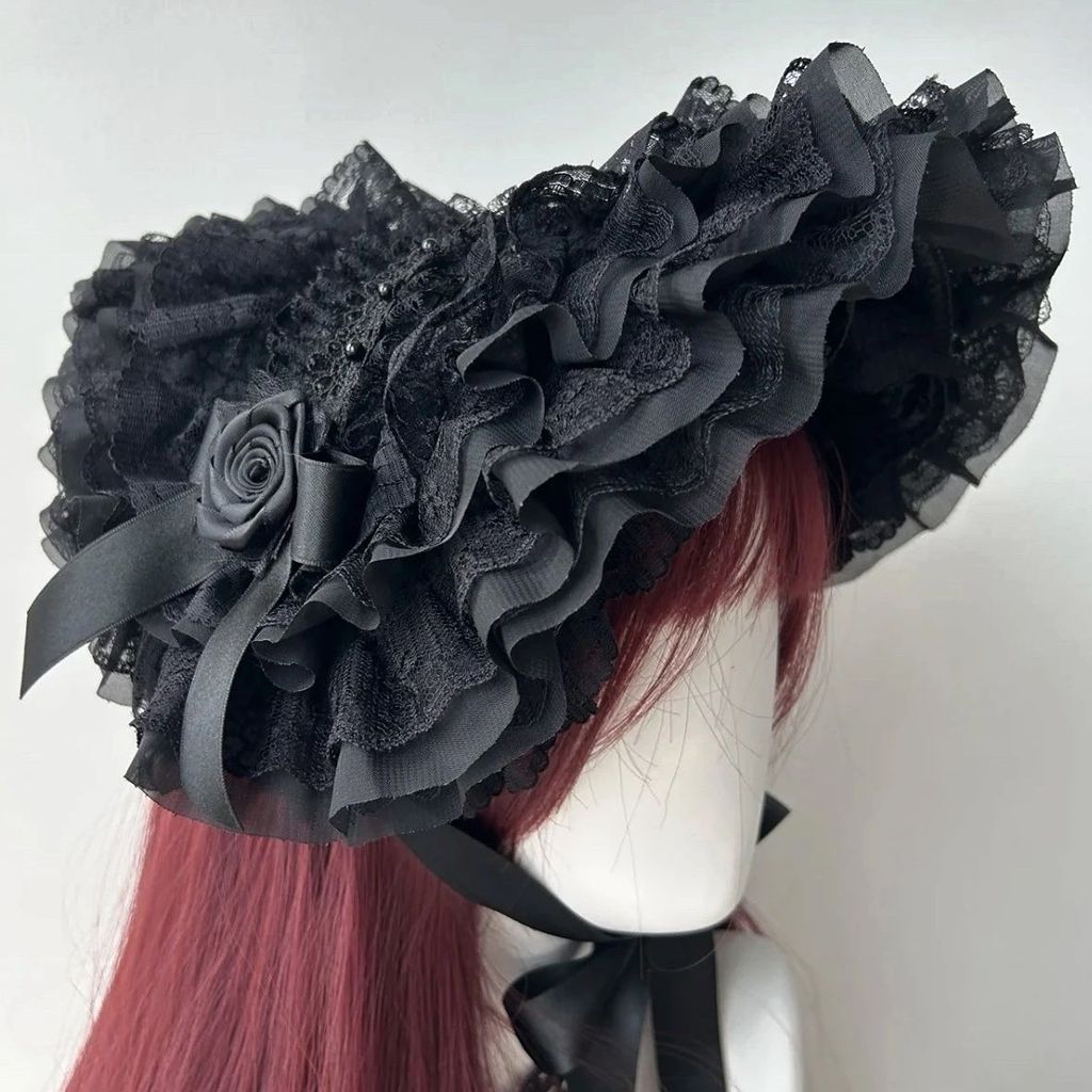 Ban Đầu Đen Bonnet Gothic Mũ Hanyang Eclectic bnt lolita Handmade Phong Cách Gothic Lớn Vành