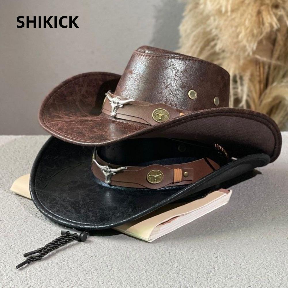 SHIKICK Faux Leather Cowboy Hat, Bull Head Buckle Retro Western Cowboy Hat, Mũ Jazz cổ điển thời tra