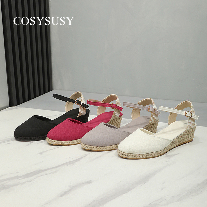 Ống hút Dây gai dầu Giày cao gót mũi tròn che lưng Dép rỗng WEDGES Đế dày WEDGES WJG