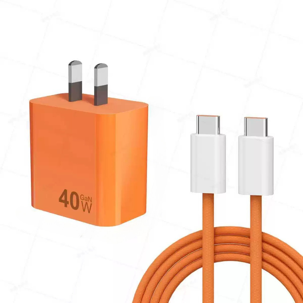 Bộ sạc nhanh màu cam, Củ sạc GaN 40W màu cam, Combo sạc nhanh 40W sạc siêu nhanh cáp bọc dù chống đứ