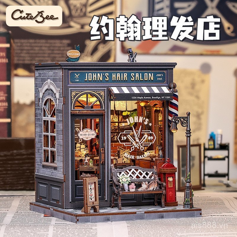 9FOY [Cash commodity and quick delivery]CuteBee John's Barber Shop Creativity DIY Wooden miniature s