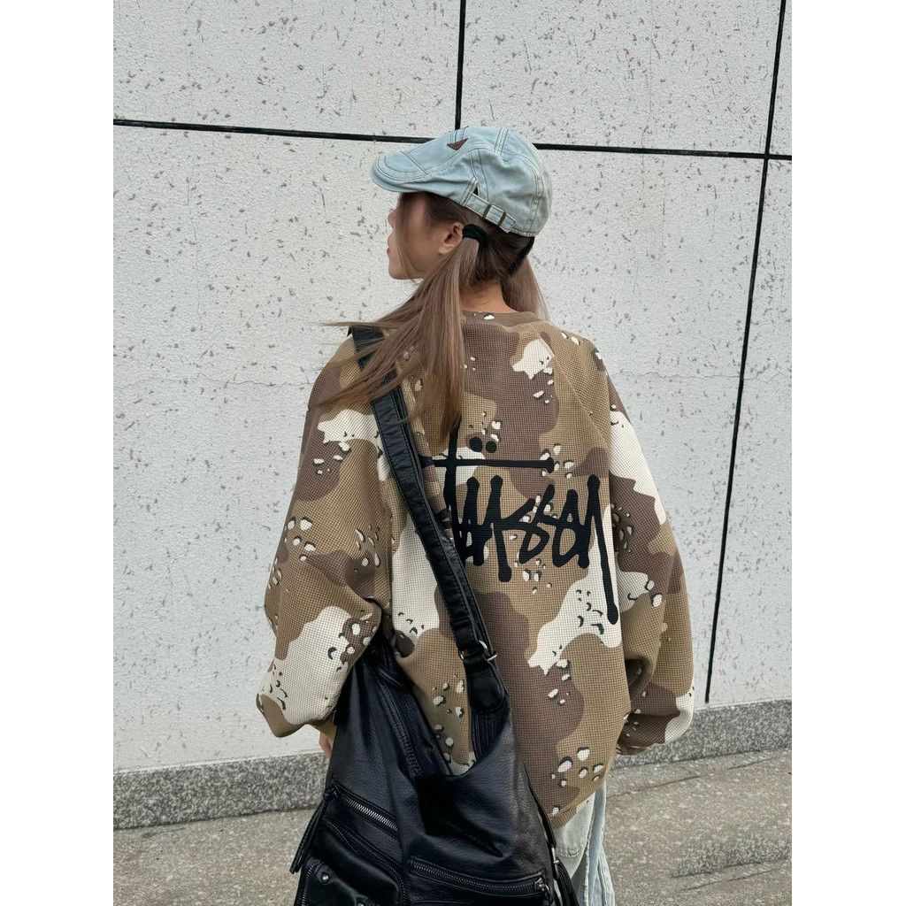 BMWL Stussy West Coast sweatshirt with logo design, raglan sleeves, waffle knit, long sleeves, vinta