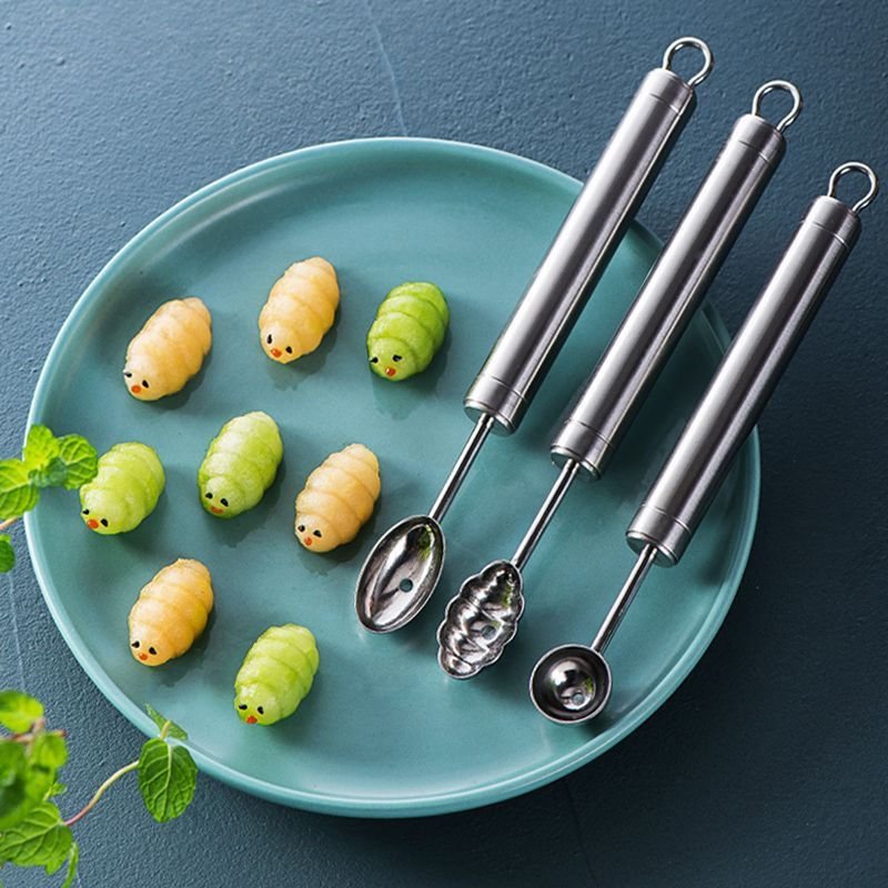 TQ~304Stainless Steel Caterpillar Ball Digger Watermelon Scoop, Fruit Ball Scooper Set, Fruit Cuttin