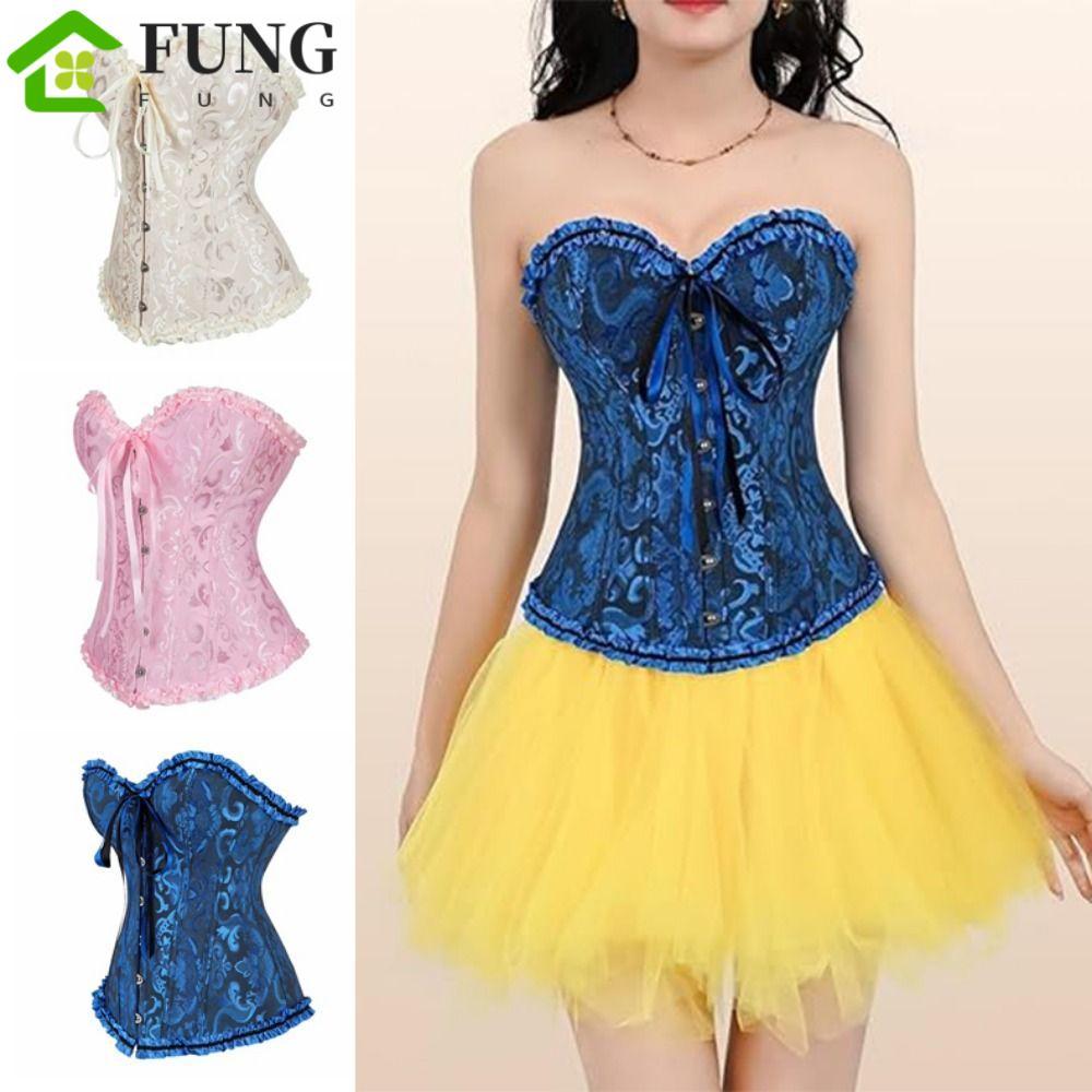 FUNG Corset Top, Thanh Lịch Ruffle Ren Lên Bustier Corset, Gothic Corset Thiết Kế Jacquard Body Shap