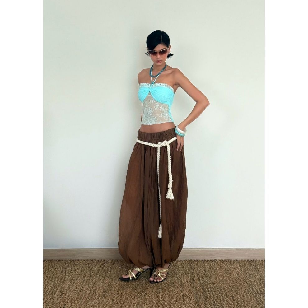SoDópe.Club - Áo quây thun ôm xanh ngọc phối ren trắng Lime Top & Quần dài form phồng baloon/alibaba