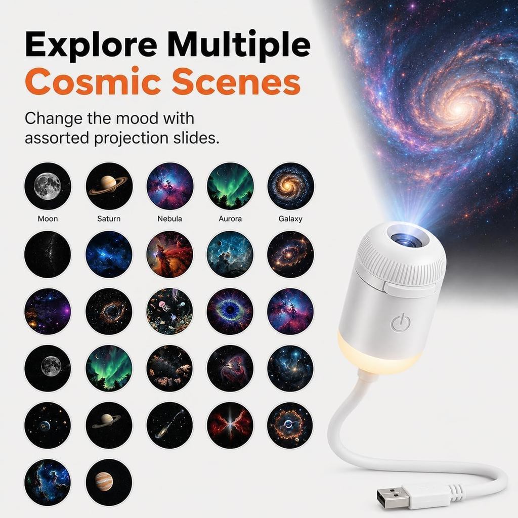 2-in-1 Galaxy Projector Night Light, USB Starry Sky Night Light Projector with Adjustable Brightness