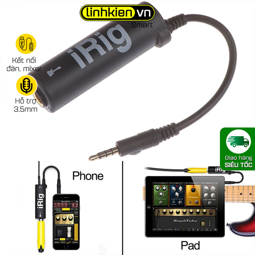 Thiết Bị IRig Thu âm từ Guitar EQ, Organ, Piano điện, Ampli Karaoke, Mixer vào Điện Thoại chân 3.5mm