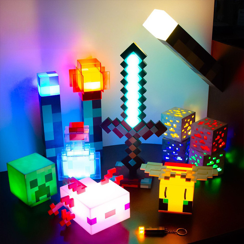 MC 2025 LED Minecraft Đèn Pin Đổi Màu Nước Khối Quặng Axolotl Đầu Lợn Ong Cáo Cree