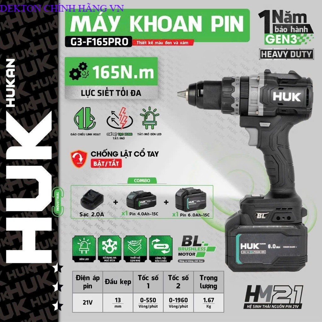 Hỏa Tốc Máy khoan pin HUKAN G3-F165PRO Lực Siết:165N.m, Anti Kickback, Tạo Xung, DEKTON CHVN