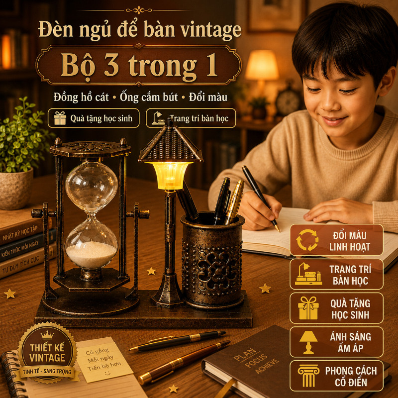 Dèn ngủ để bàn vintage đồng hồ cát ống cắm bút bộ 3 trong 1 đổi màu quà tặng học sinh