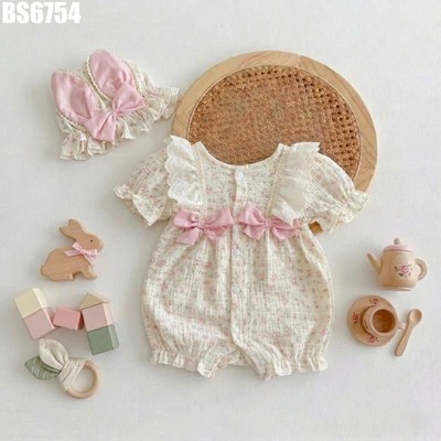 MINTSCLOSET Set Body Dài Tay Hoa Nhí Nón Tai Thỏ phối ren nơ hồng pastel mềm thoáng bé gái BS6754