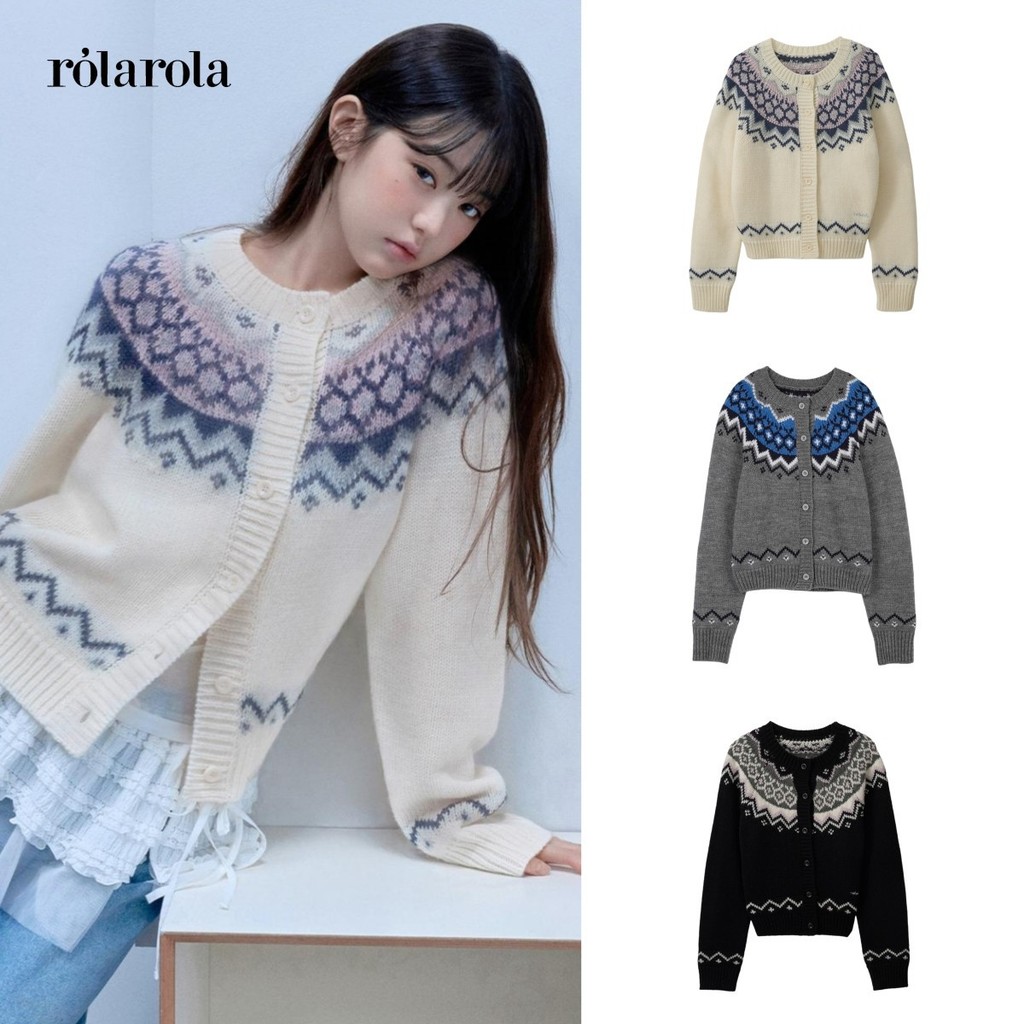 0I5R Jang Won-young's same style from Korea Rolarola Crimped Fair Isle Knit Sweater Button Cardigan 