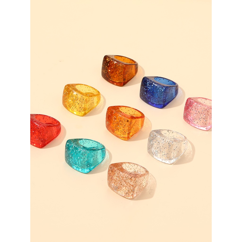 Hàn Quốc Hàn Quốc ins Nhựa Nữ Nhẫn Lấp Lánh Bạc Lá Nhiều Màu Nhẫn Influencer Acrylic Nhựa Nhẫn