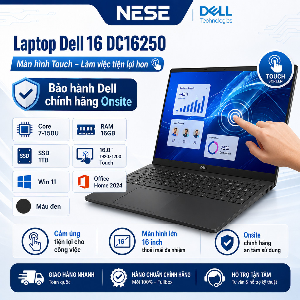 Laptop Dell 16 DC16250 - C7U161W11BLU (Core 7 150U, 16GB, 1TB, Full HD+, Cảm ứng, OfficeH24+365, Win