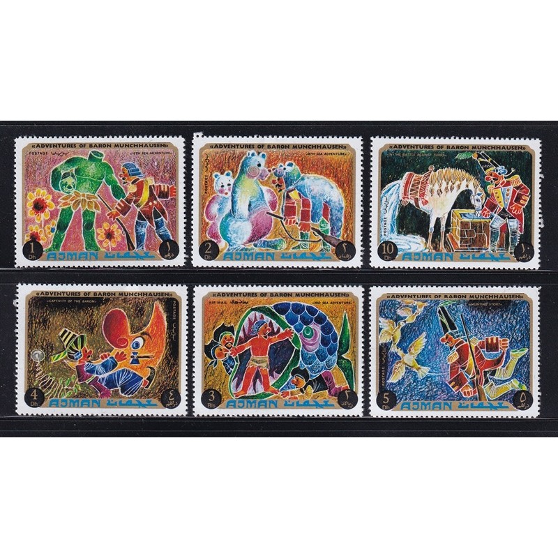 Bộ 6 Tem Bưu Chính Ajman - Những Cuộc Phiêu Lưu Của Nam Tước Munchausen | Adventures Of Baron Münchh