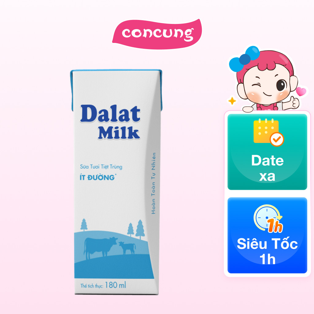 Sữa tươi tiệt trùng Dalat Milk ít đường 180ml (lốc 4 hộp) - Con Cưng