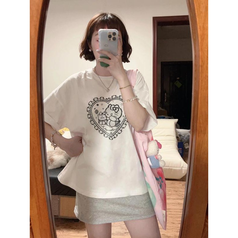 Áo Hello Kitty HOTTREND áo phông cotton, form suông rộng phong cách trẻ trung - Top women, Women's T