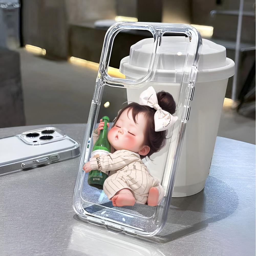 Bình Rượu Vui Vẻ Bé Gái Lỗ Lớn Trong Suốt Thích Hợp Cho iPhone 17PROMAX 17AIR 17 16 15 14 13 12 11 R