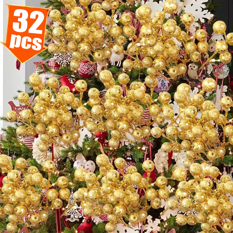 Vàng Bạc Giáng Sinh Berry Picks Bộ 32 Món - Nhánh Berry Lấp Lánh 7 Đầu Cho DIY Cây Vòng Hoa Đảng Sho