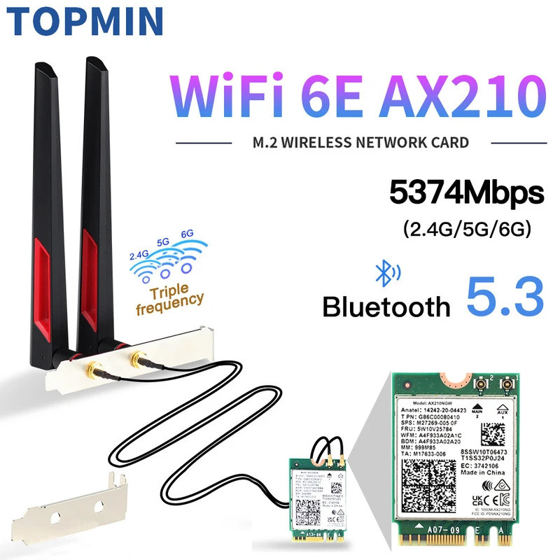 Wifi 6E M.2 AX210 5374Mbps Thẻ không dây Wifi Bluetooth 5.3 802.11ac / ax Tri Band AX210NGW Với 10db