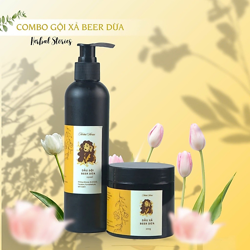 Combo Dầu gội & Dầu xả beer dừa Herbal Stories - Phục Hồi Tóc Khô Xơ, Giúp Tóc Chắc Khỏe