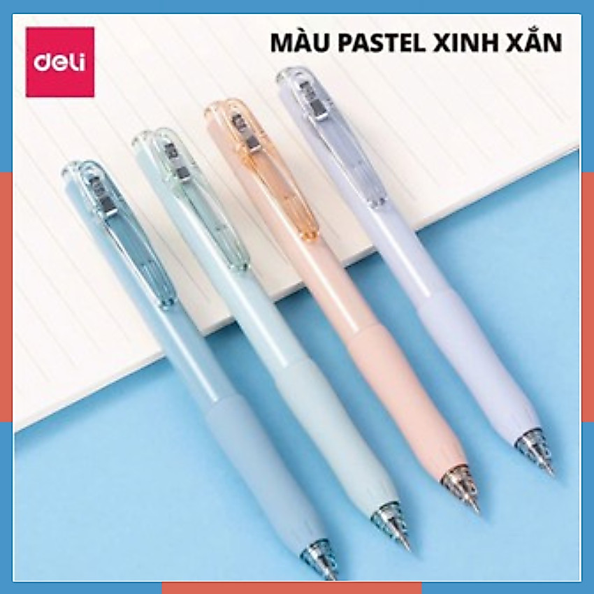 Bút gel Deli mực xanh,đen ngòi 0.5mm thiết kế Pastel có tay đệm, đầu bấm,nét đều không tắc mực G157