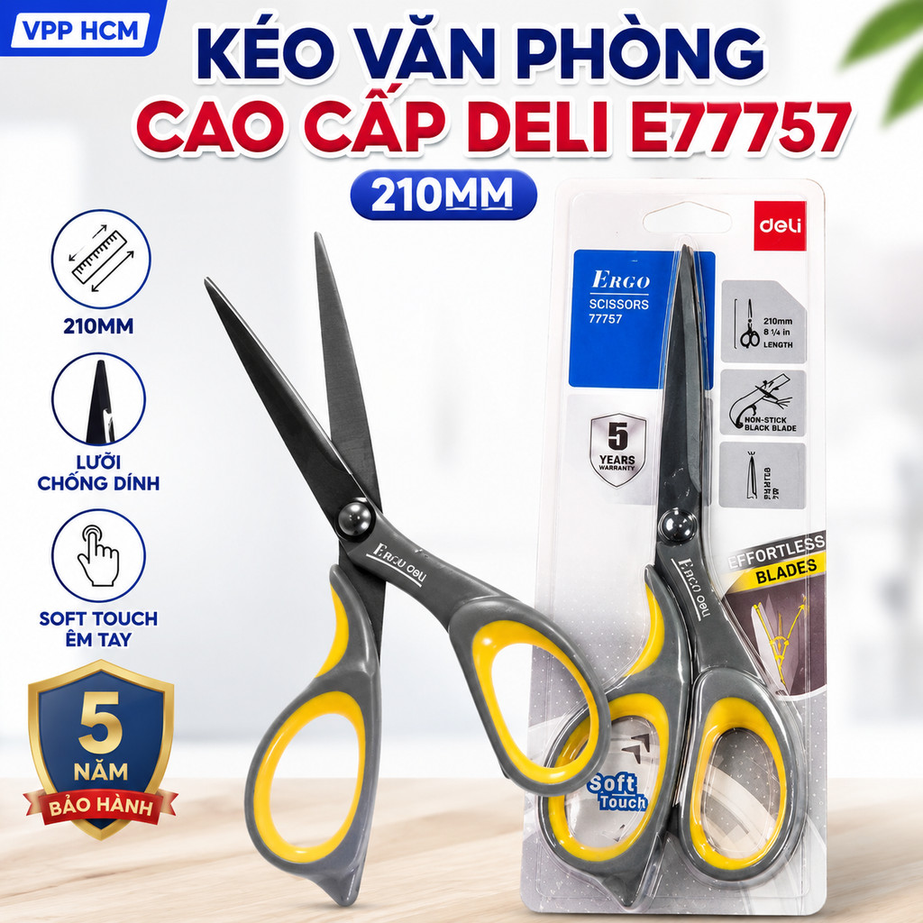 Kéo Văn Phòng Cao Cấp 210mm Deli E77757 - Kéo Cắt Giấy Lưỡi Thép Không Gỉ Siêu Bén, Tay Cầm Êm Ái