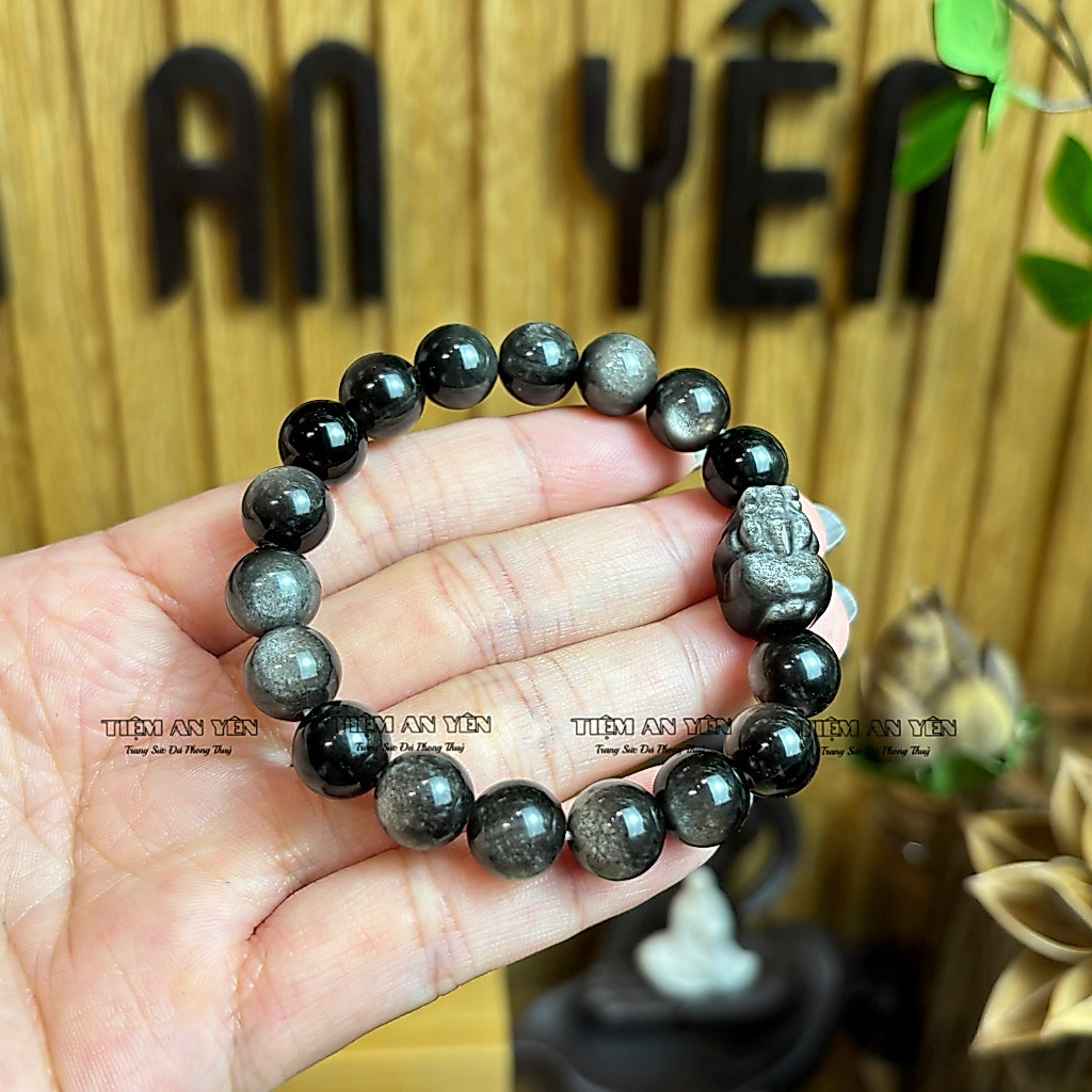 OBSIDIAN Vòng tay đá núi lửa obsidian mix charm tỳ hưu