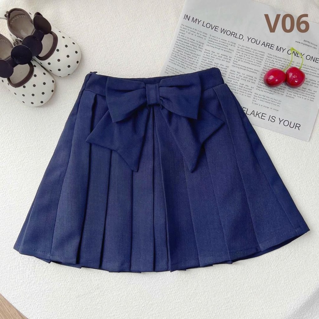 [MWT] Váy xếp ly xanh than cho bé gái đi học – Dáng dài qua gối, chuẩn đồng phục học sinh