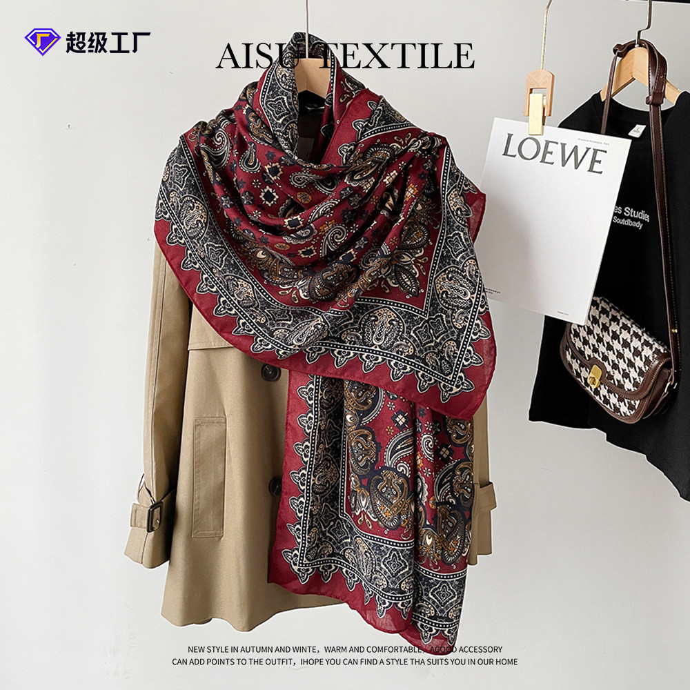 Khăn Choàng Thời Trang Thu Đông, Vải Cotton và Lanh, Họa tiết Hạt Điều Angola Màu Đỏ