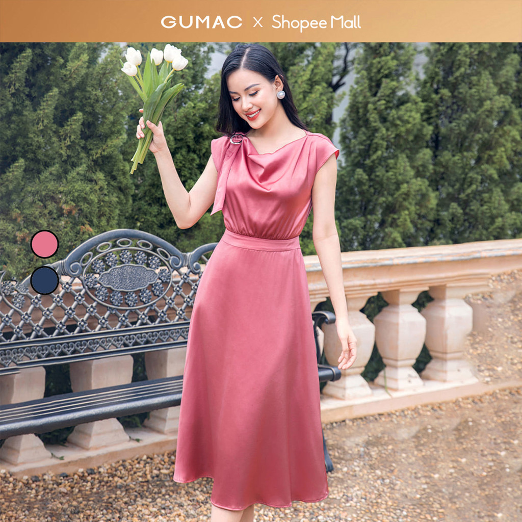 Đầm nữ GUMAC A cổ đổ tay liền phối phụ kiện sang trọng lụa mềm mát DD11013 