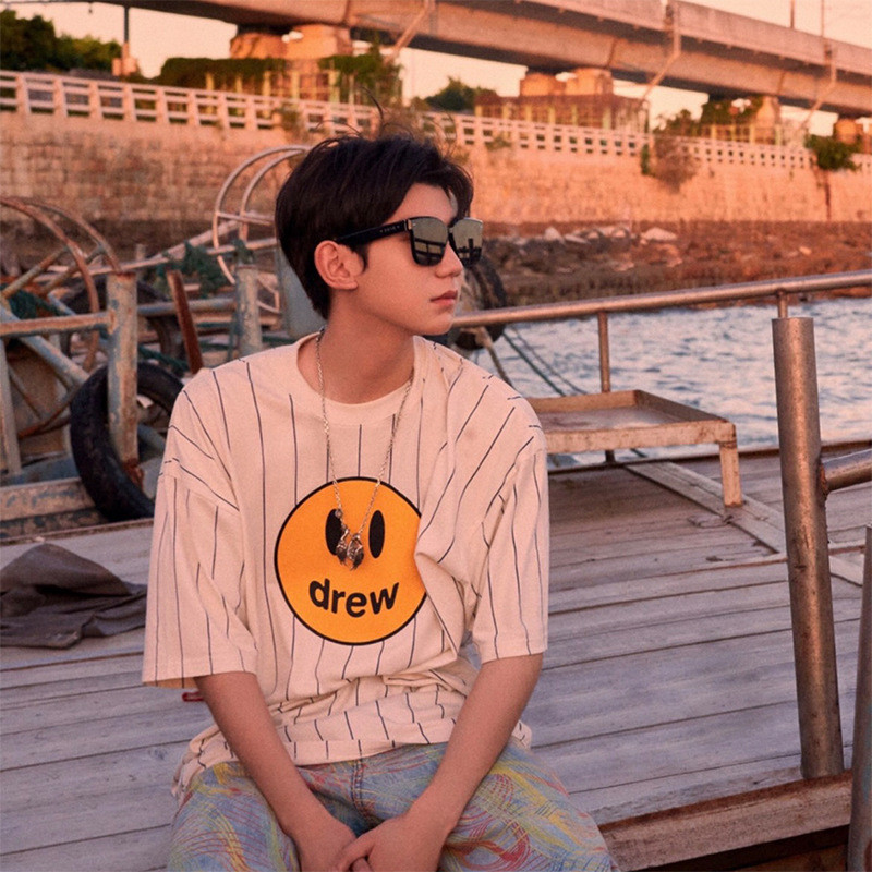 B2YV Drew Smiley face short-sleeve shirt, Wang Yuan's same style smiley face logo Striped print, loo
