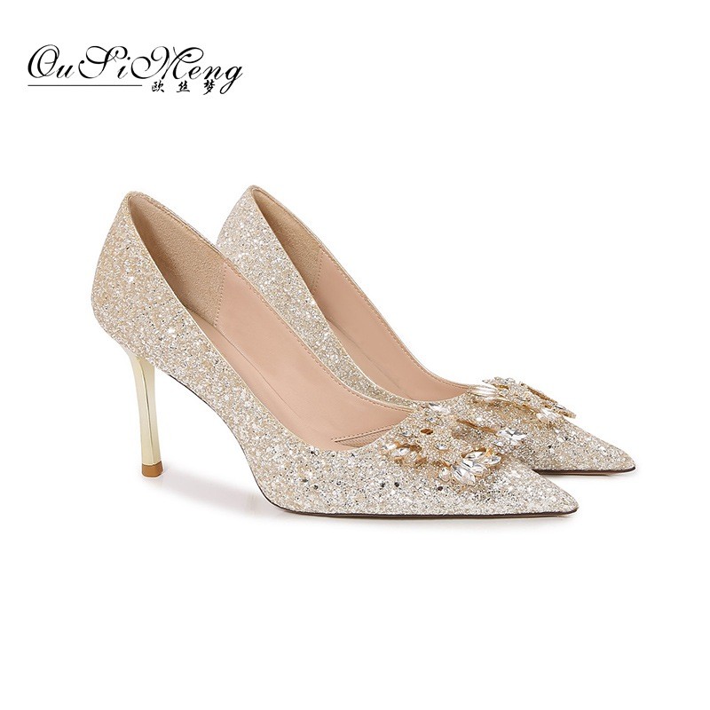 Champagne gold Wedding Shoes for Women, Xiuhe Bridal Gown Crystal Shoes, Bridal Rhinestone High Heel