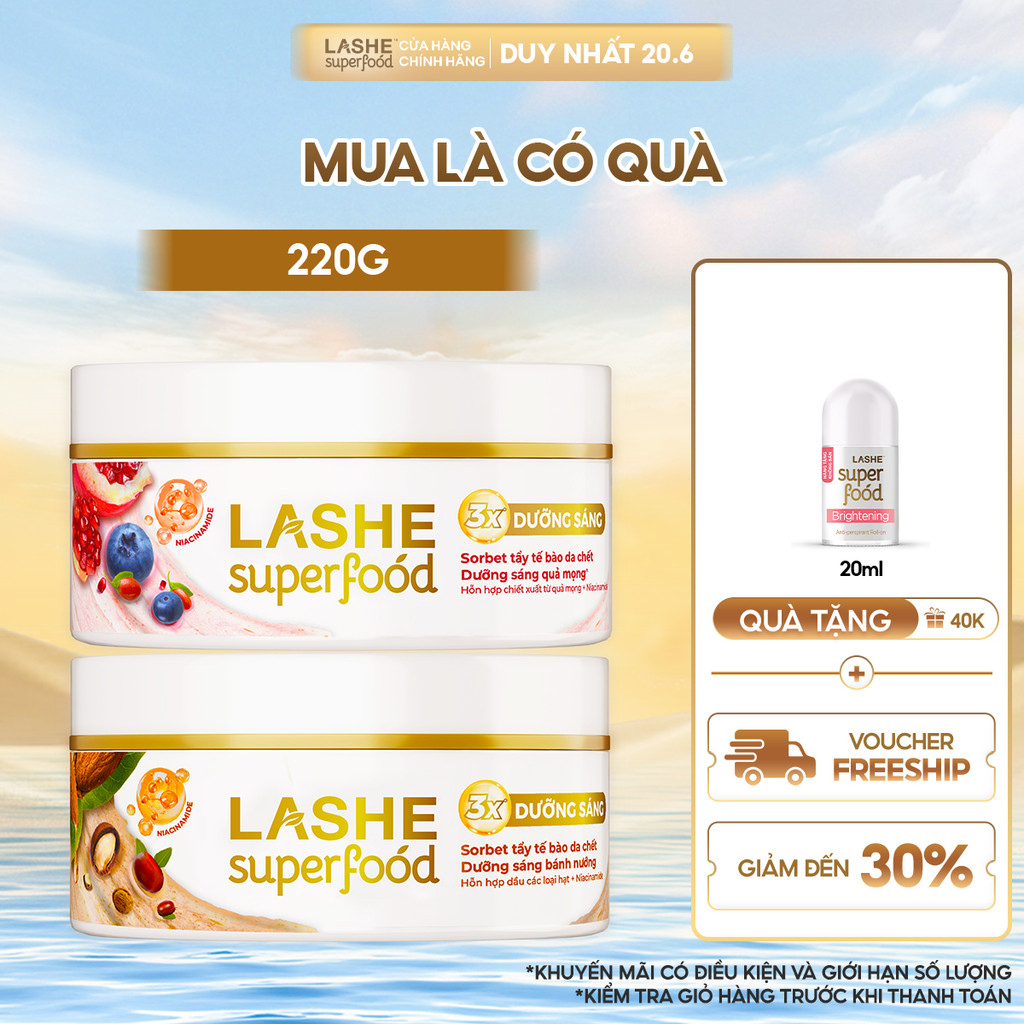 Kem Tuyết Tẩy Tế Bào Chết LASHE SUPERFOOD Dưỡng Sáng Da Hương Quả Mọng 240G / Hương Bánh Nướng 220G | BigBuy360 - bigbuy360.vn