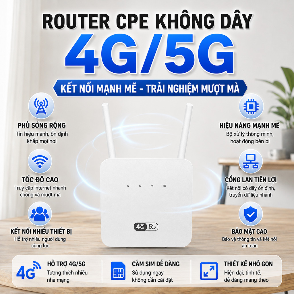 Router CPE 4G 5G, Bộ Phát Wifi 4G LTE, Router Không Dây, Thiết Bị Phát Sóng Wifi, Hỗ Trợ SIM Đa Mạng