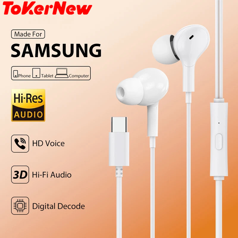 ToKerNew USB Type C Wired Headphones HiFi Stereo With Microphone Earbud For Iphone/Galaxy Series Spo