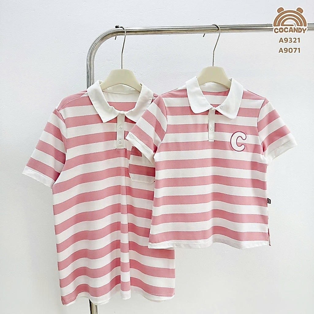 Set gia đình COCANDY-Áo cộc kẻ HỒNG polo phối đáp nẹp cho bé  A8061,Q2881, A9071,A8051