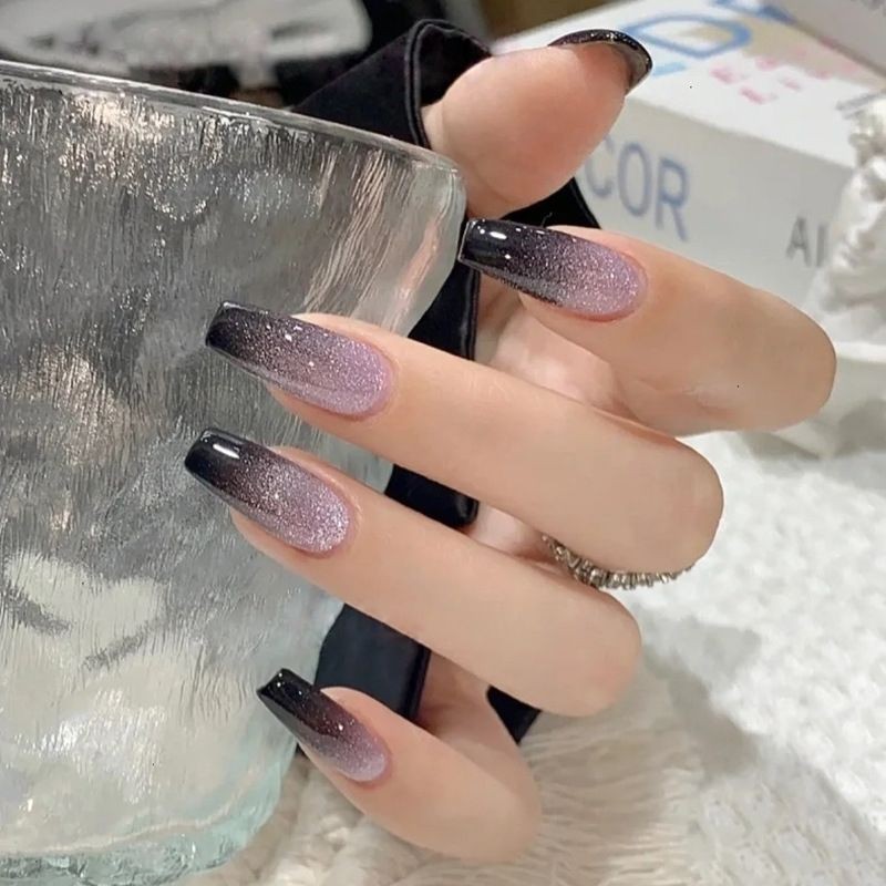 Galaxy Starlight gradient Làm móng tay màu đen lấp lánh Móng tay ba lê dài Magic Purple Nhấp nháy có