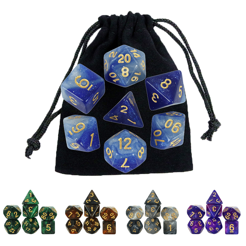 7 Chiếc Cosmic Starry Sky Dice Acrylic Polyhedral Xúc xắc có túi cho Board Game DND Nhập vai