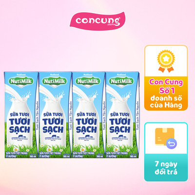 Thùng Sữa tươi sạch tiệt trùng Nutimilk, ít đường, 180ml (lốc 4 hộp)