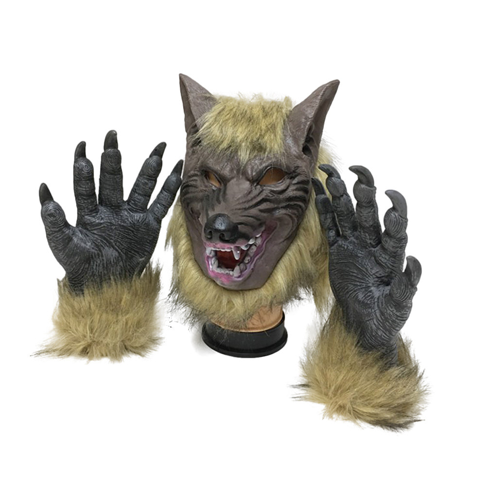 Werewolf Costume Party Mask Wolf Gloves Cosplay Halloween Latex Rubber Wolf Head Hair Mask