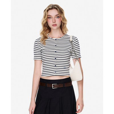 GIGI - Áo croptop nữ cổ tròn tay ngắn kẻ sọc_G1211T255237-27