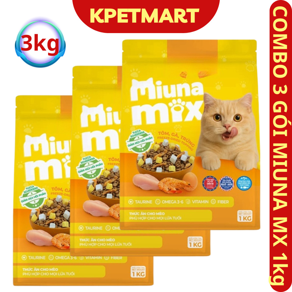 <3kg> COMBO 3 Túi Thức Ăn Mèo Mix Topping Thịt, Trứng , Tôm Sấy Khô MIUNA MIX 1kg (3x1kg) - KPETMART