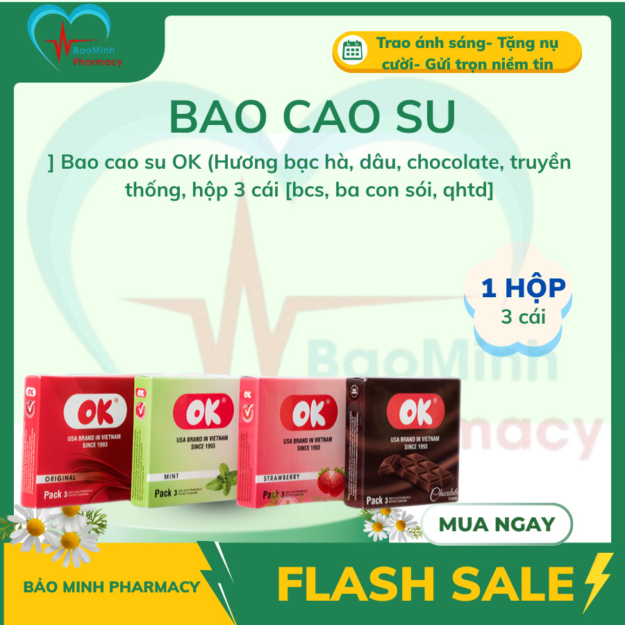 [ Che Tên] Bao cao su OK (Hương bạc hà, dâu, chocolate, truyền thống, hộp 3 cái [bcs, ba con sói, qh