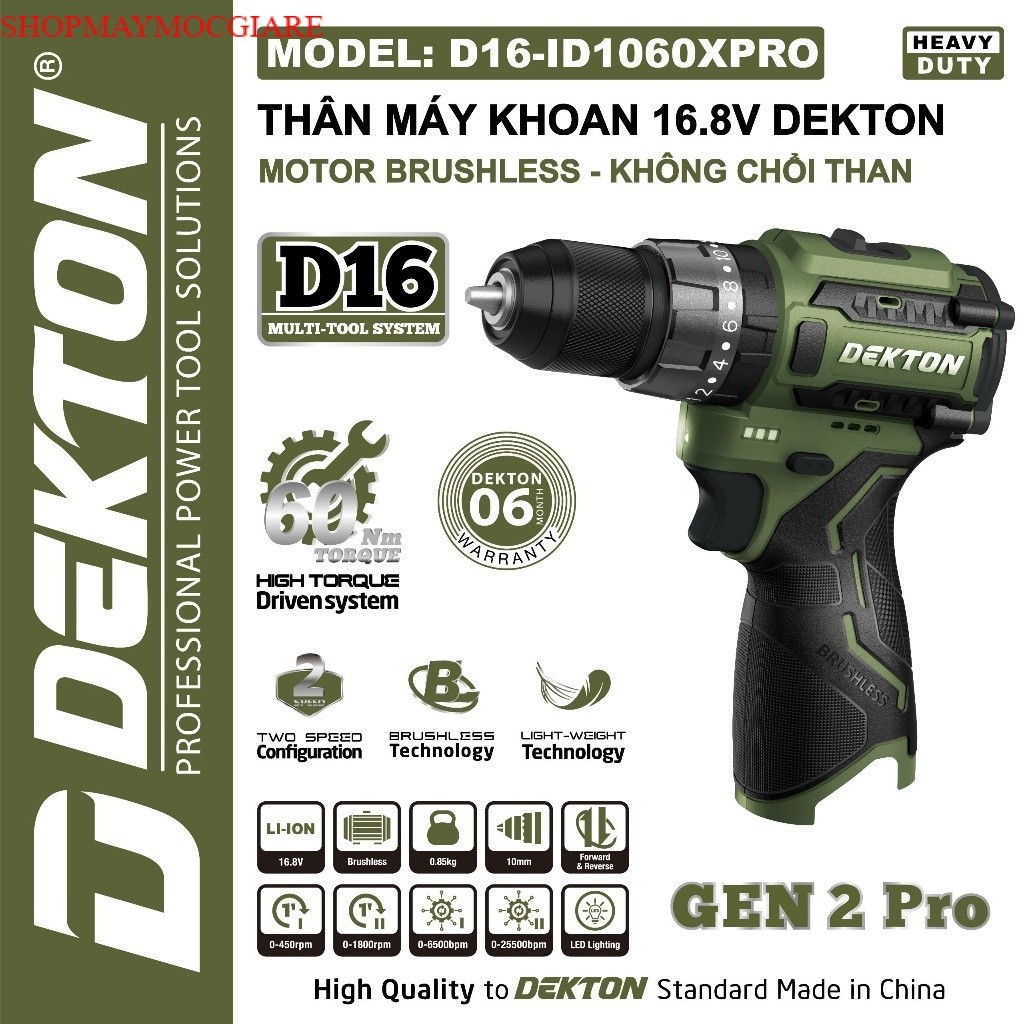 Máy khoan pin DEKTON Gen 2 Pro D16-ID1060XPRO, Không chổi than 60Nm, 3 Chức năng SHOPMAYMOCGIARE