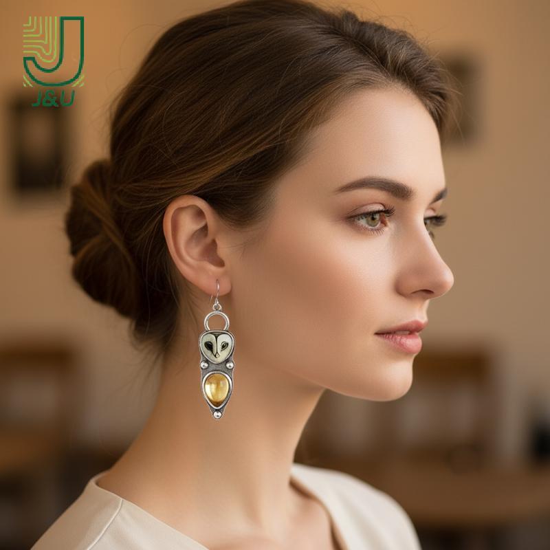 [J & U-T] Retro Bạc Barn Owl Dangle Bông Tai Màu Vàng Tự Nhiên Citrine Inlay Mặc Hàng Ngày Dự Tiệc Q