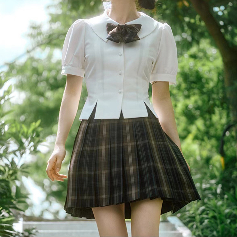 Hualien Bailan Puff Tay Áo Sơ Mi Trắng Tay Ngắn jk Nẹp Eo Top Nữ Mùa Hè Thiết Kế Pháp Slim-fit Áo Sơ