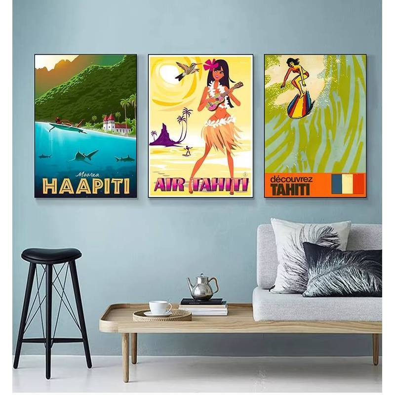 Surfing at Polynesia Tahiti Summer Holiday Canvas Painting Vintage Poster Home Decor