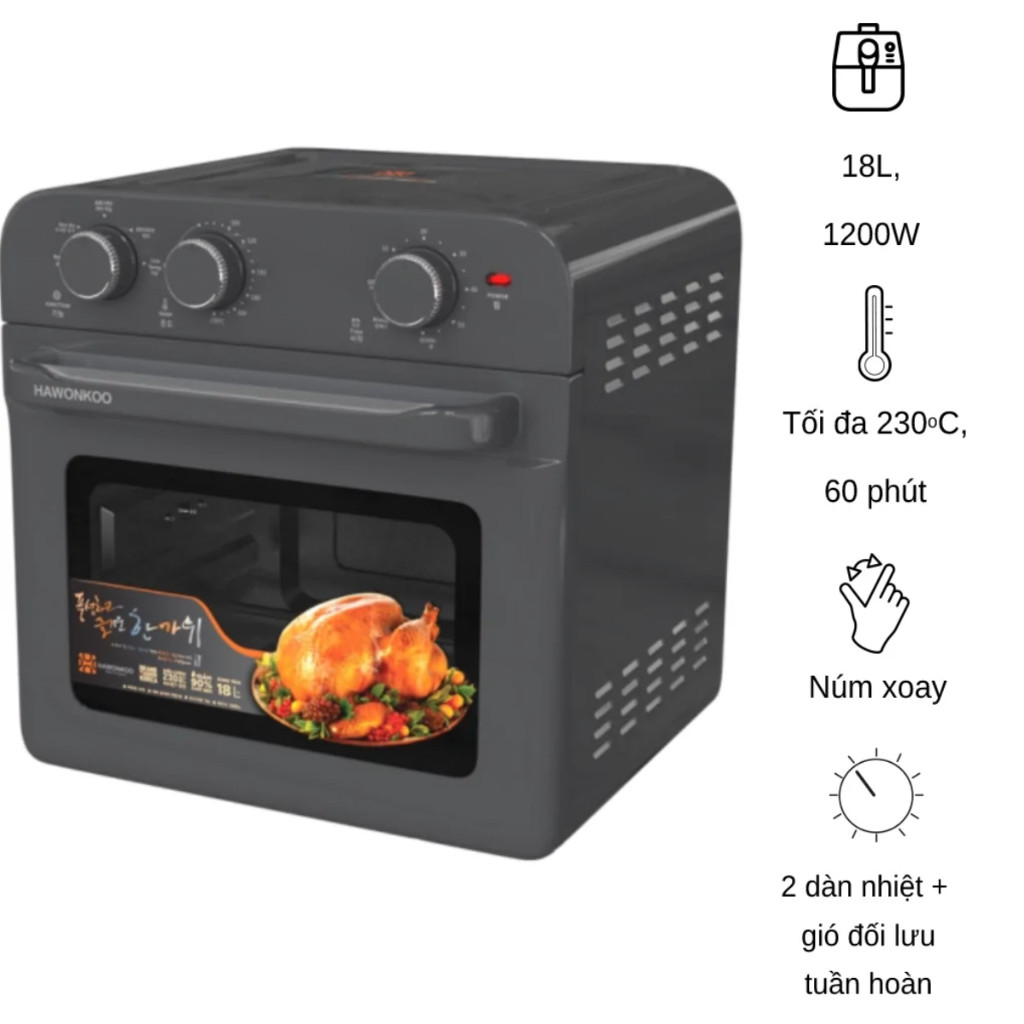 Nồi Chiên Không Dầu Hawonkoo AFH-180-GR 18L | Thiết Kế Độc Quyền Công Nghệ Đối Lưu 3D - Hàng Chính H