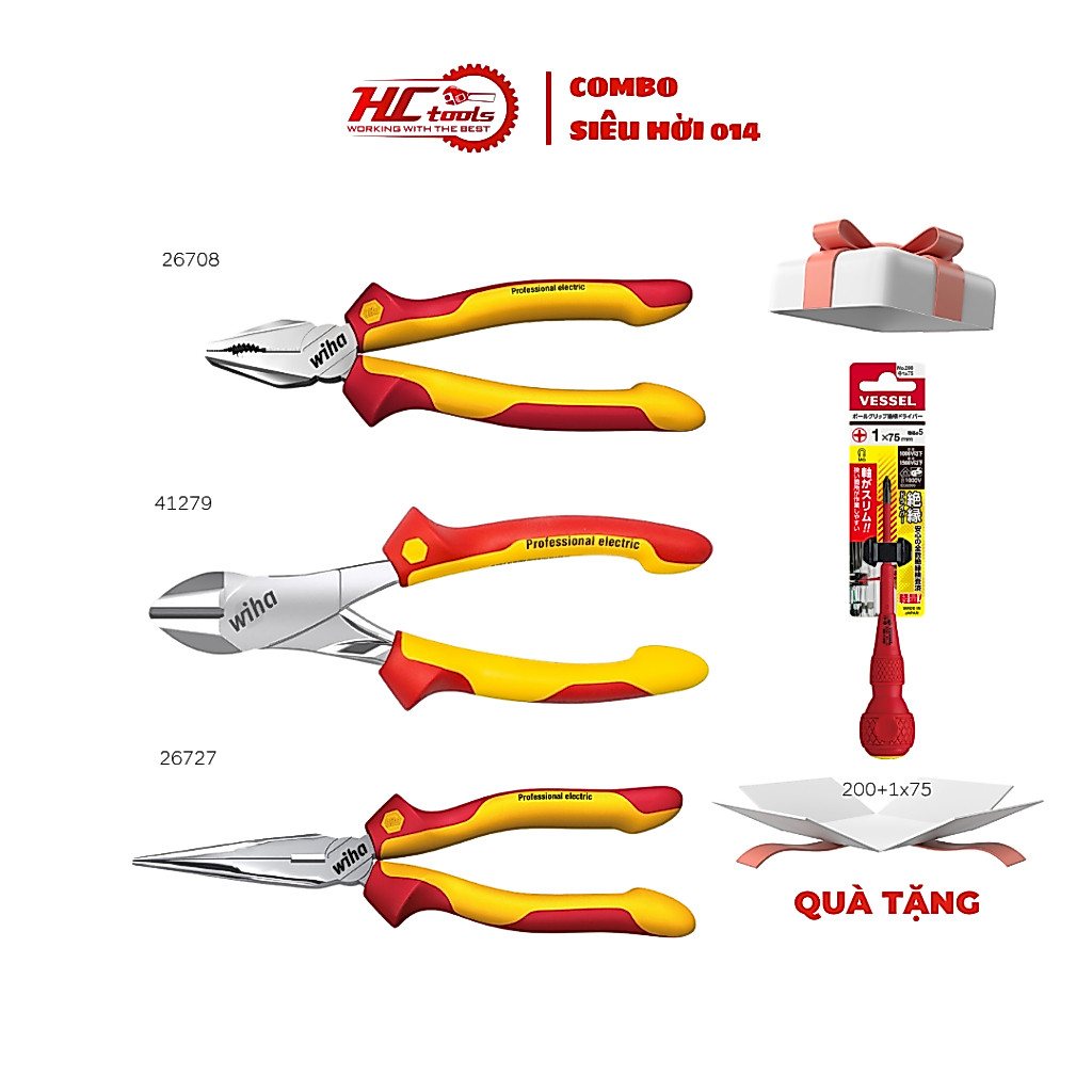 Combo 3 kìm Wiha cán cách điện 1000v Chính Hãng (26727+41279+26708) + Tặng tô vít Vessel 200+1x75